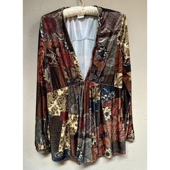 Dolcezza Womens V-Neck Floral Hippie Pleated Blouse Top Large Long Sleeve Boho - Picture 1 of 7